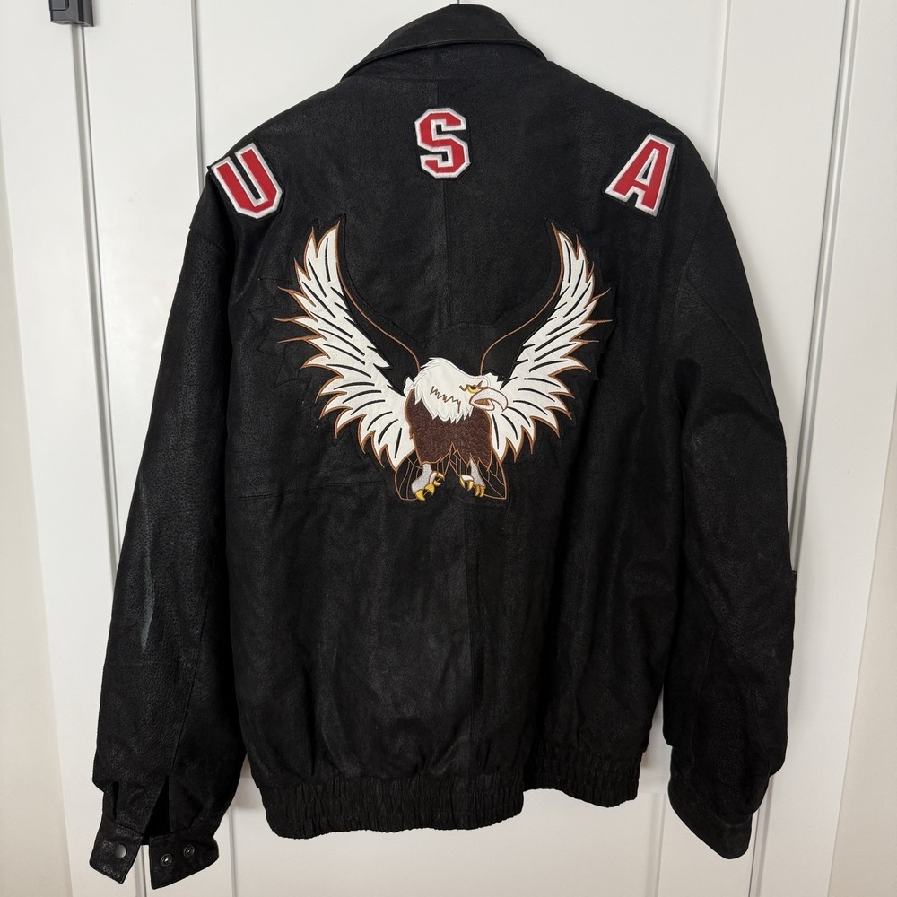Y2K Ameri Mode Black Leather Eagle USA Jacket Quilted Lining Mens XXL Biker Moto